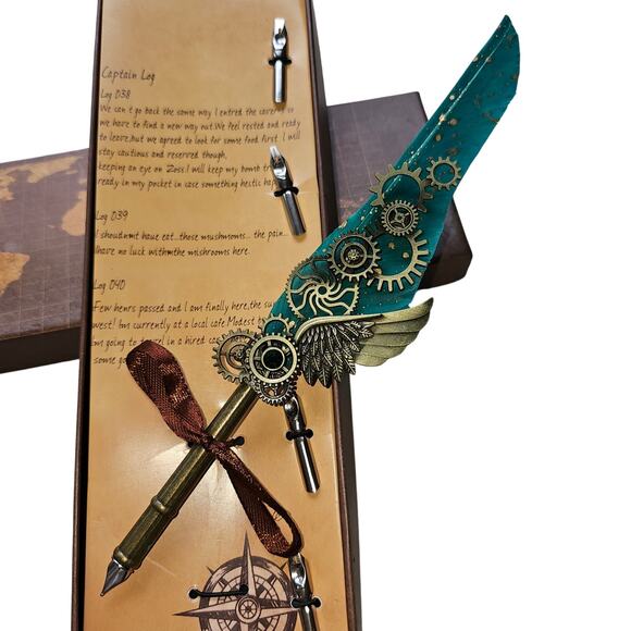 Calligraphy Turquoise Feather Pen with 5 different tips in box (smashed) - Picture 1 of 5